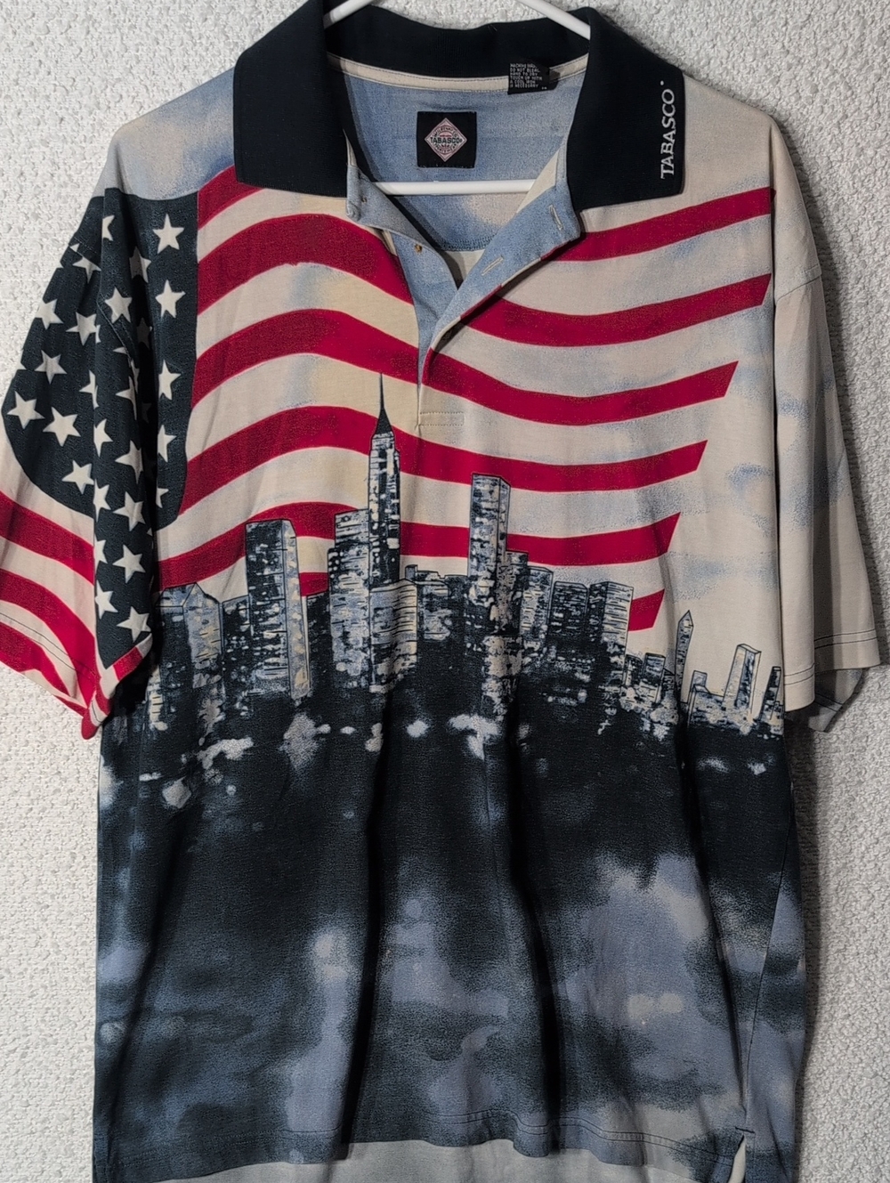 Tabasco Men’s Polo with American Flag and Cityscape - Red, Black, White